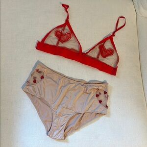 Red and Tan Heart Embroidered Lingerie Set - For Love and Lemons & Intimately FP